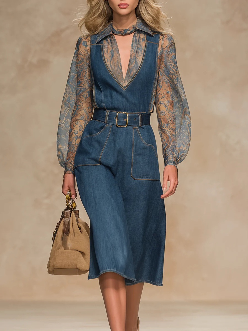 Sheer Floral Sleeves Denim Dress